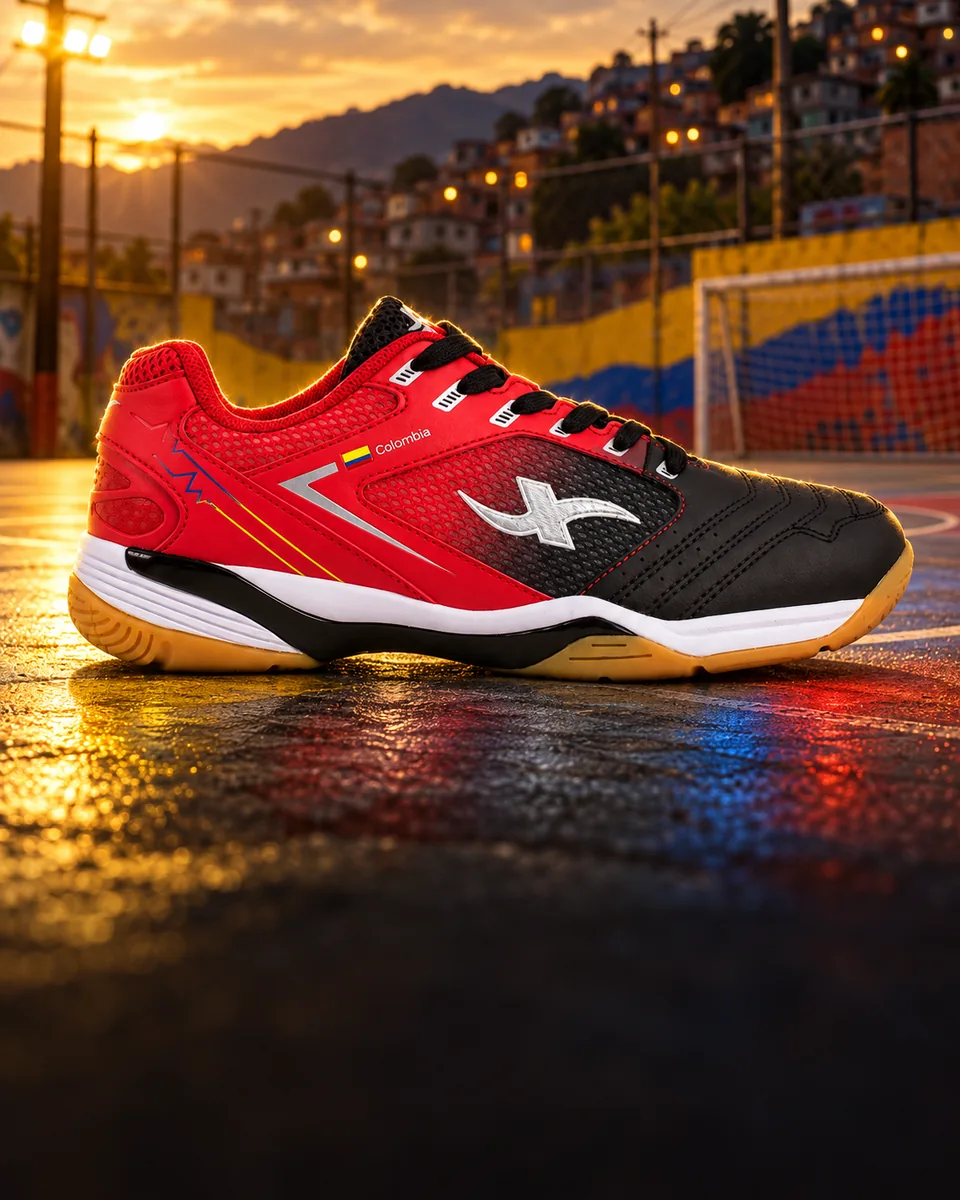 Zapatilla Colombia roja y negra en una cancha con luz dorada